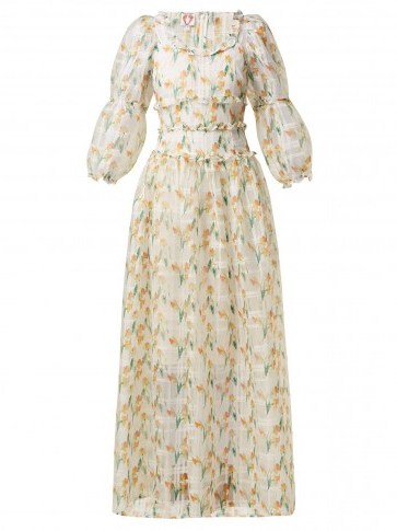 SHRIMPS Cara white daffodil-print check-organza maxi dress ~ long feminine style floral dresses - flipped