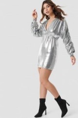 Linn Ahlborg x NA-KD Cocoon Sleeve Dress in Silver ~ metallic going out fashion
