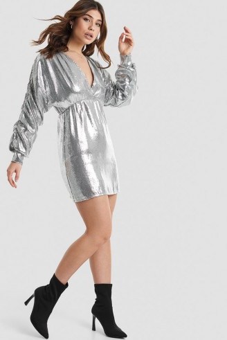 Linn Ahlborg x NA-KD Cocoon Sleeve Dress in Silver ~ metallic going out fashion - flipped