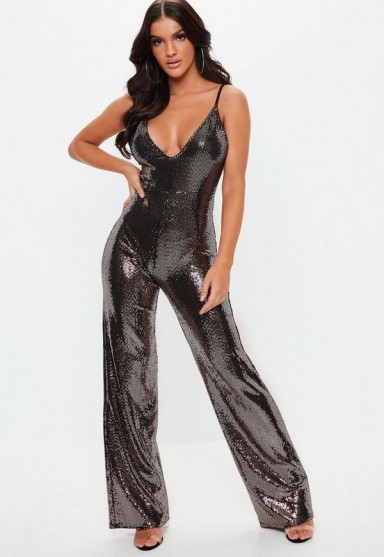 MISSGUIDED copper sewn through disc jumpsuit – metallic strappy jumpsuits