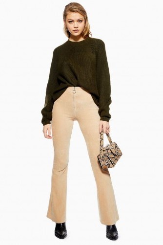 Topshop Corduroy Zip Flared Trousers in Oatmeal | neutral cords - flipped