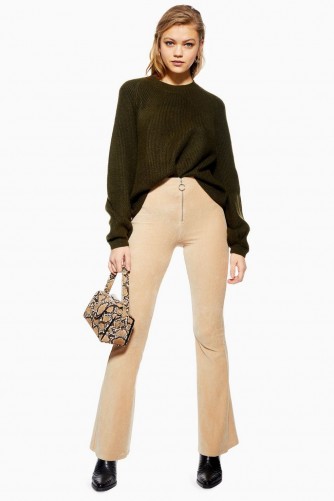 Topshop Corduroy Zip Flared Trousers in Oatmeal | neutral cords