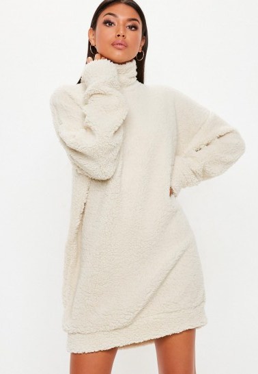 MISSGUIDED cream borg high neck sweat dress ~ for slouchy days - flipped
