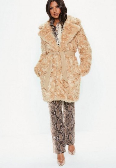 MISSGUIDED cream premium faux fur tie waist wrap coat – luxe style winter coats - flipped