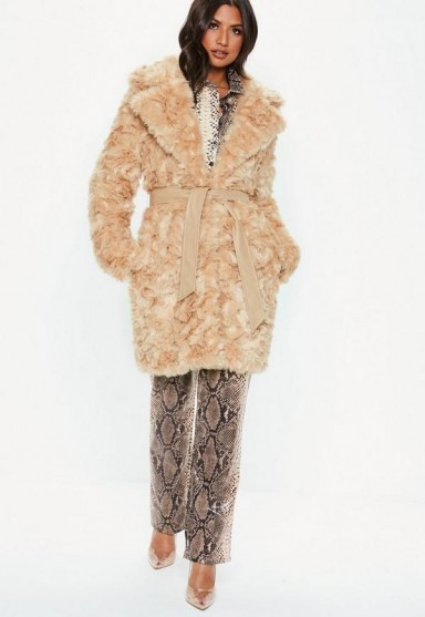 MISSGUIDED cream premium faux fur tie waist wrap coat – luxe style winter coats