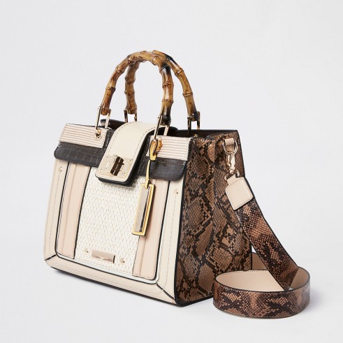 RIVER ISLAND Cream snake print bamboo handle tote bag -brown tone handbag
