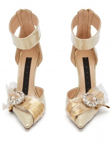 MIDNIGHT 00 Crystal-embellished ankle-tie gold lamé pumps ~ luxe event heels - flipped