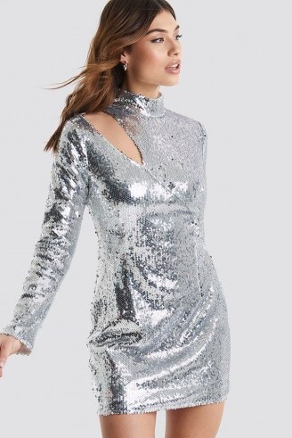 Linn Ahlborg x NA-KD Cut Out Sequin Dress Silver ~ shimmering party dresses - flipped