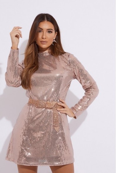 IN THE STYLE DANIEH ROSE GOLD LONG SLEEVE SEQUIN MINI DRESS ~ going out luxe/glamour - flipped