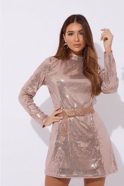 IN THE STYLE DANIEH ROSE GOLD LONG SLEEVE SEQUIN MINI DRESS ~ going out luxe/glamour