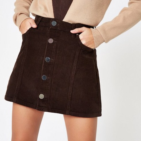 RIVER ISLAND Dark brown cord button front mini skirt – corduroy fashion - flipped