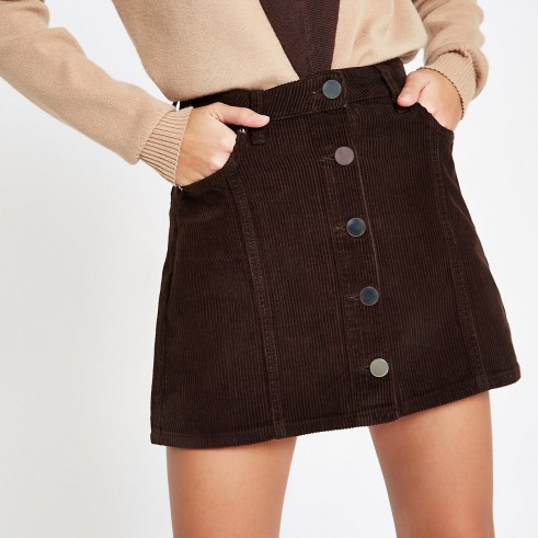 RIVER ISLAND Dark brown cord button front mini skirt – corduroy fashion