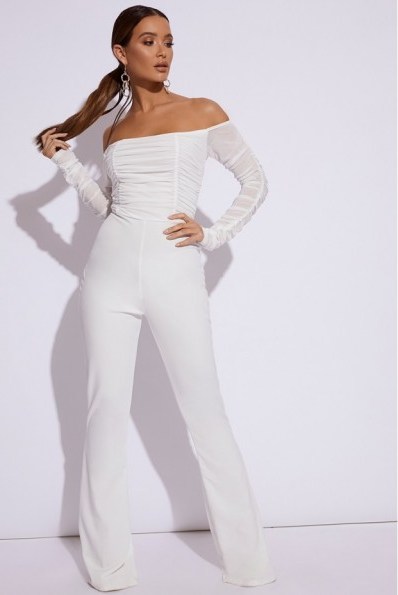 IN THE STYLE EIVI WHITE RUCHED BARDOT JUMPSUIT ~ party glamour - flipped