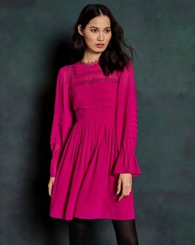 Ted Baker ARREBEL Embroidered volume sleeve dress in bright pink - flipped