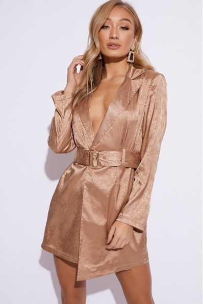 EMILY SHAK GOLD SATIN BELTED BLAZER DRESS ~ plunging party dress - flipped
