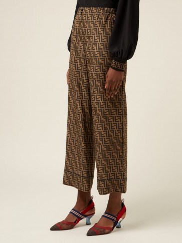 FENDI FF logo-print brown silk trousers / silky designer pants - flipped