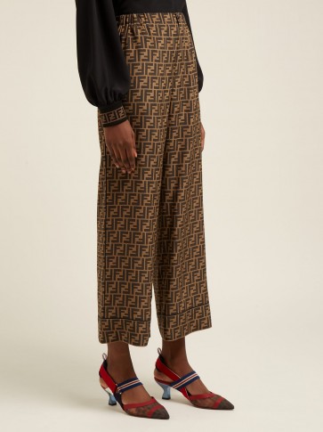 FENDI FF logo-print brown silk trousers / silky designer pants