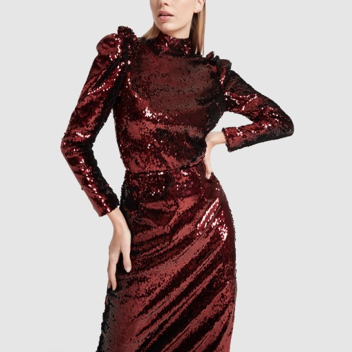G. Label CHARLOTTE SEQUIN TOP in garnet ~ red ruffled sequined blouse