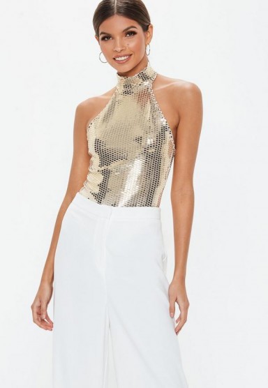 MISSGUIDED gold high neck sequin bodysuit – metallic party tops