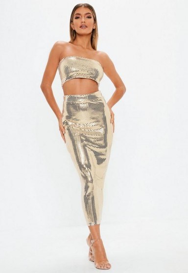 MISSGUIDED gold sequin midi skirt ~ shiny party skirt - flipped