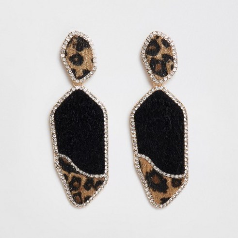 RIVER ISLAND Gold tone leopard diamante pave drop earrings – going out glamour - flipped