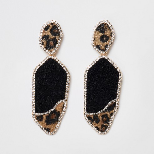 RIVER ISLAND Gold tone leopard diamante pave drop earrings – going out glamour