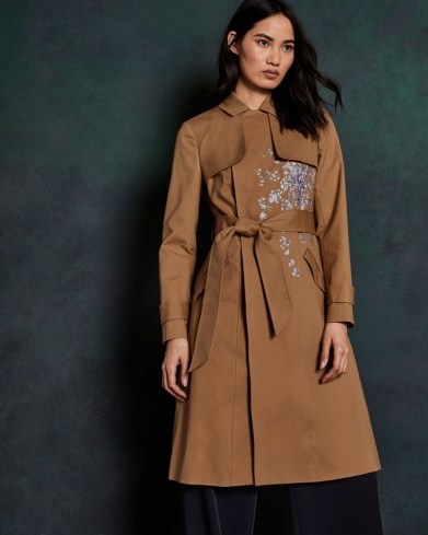Ted Baker BLLUE Graceful embroidered cotton mac in camel – brown floral coats - flipped