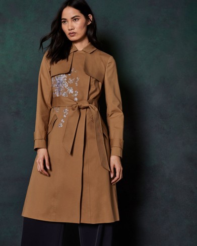 Ted Baker BLLUE Graceful embroidered cotton mac in camel – brown floral coats