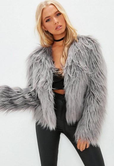 MISSGUIDED grey shaggy faux fur coat ~ evening jacket - flipped