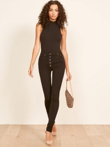 Reformation High & Skinny With Snap Front in Black | stretch denim skinnies - flipped