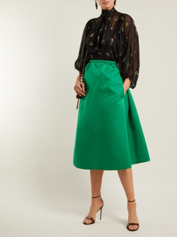 ROCHAS High-rise green duchess-satin midi skirt ~ back pleated skirts