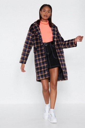 NASTY GAL Hit the Check Longline Coat in Blue - flipped