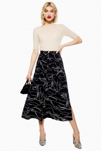 Topshop Horse Scribble Midi Skirt in Black | animal print skirts