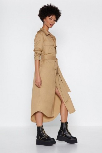 NASTY GAL I Need a Soldier Button-Down Dress in taupe – brown tone fashion - flipped