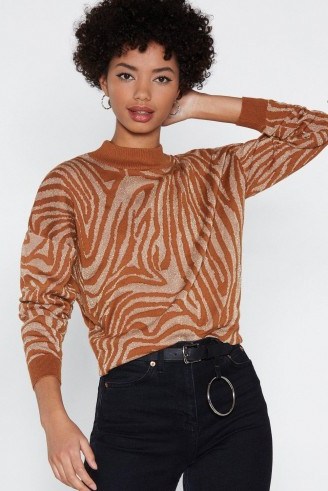 NASTY GAL If Luxe Could Kill Zebra Sweater in tan – animal pattern jumper - flipped