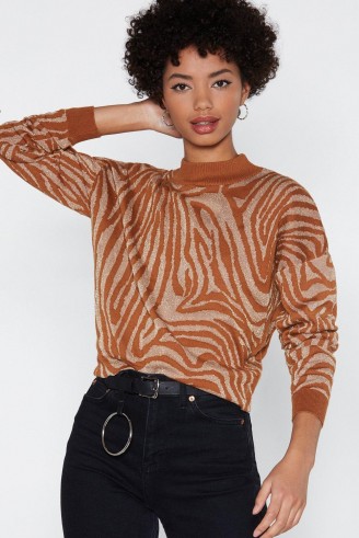 NASTY GAL If Luxe Could Kill Zebra Sweater in tan – animal pattern jumper