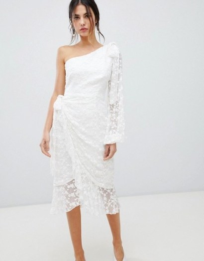 Keepsake Retrospect one sleeve lace midi dress in ivory – glamorous party dresses - flipped