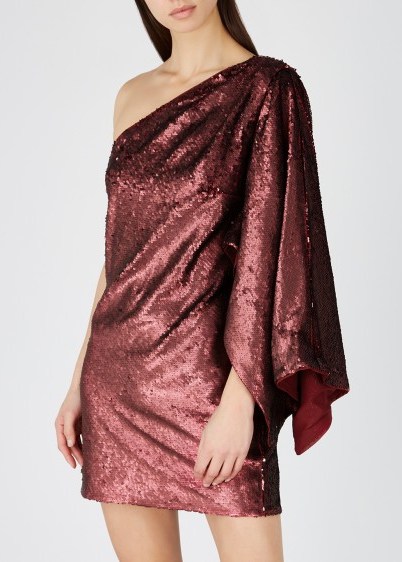 KEEPSAKE No Signs bordeaux sequinned mini dress / one shoulder occasion glamour - flipped
