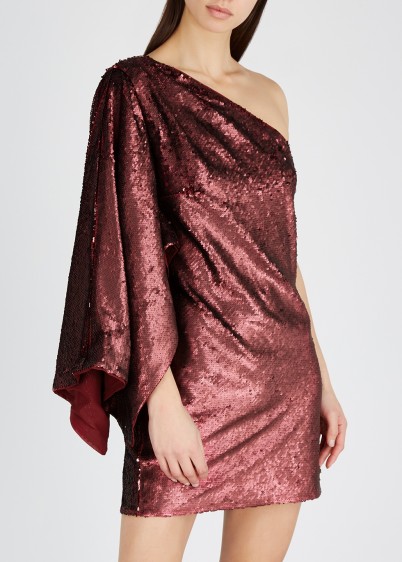 KEEPSAKE No Signs bordeaux sequinned mini dress / one shoulder occasion glamour