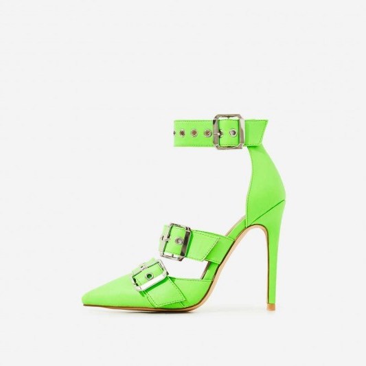 EGO Kendall Buckle Strap Detail Heel In Neon Green Faux Leather ~ strappy stiletto heels - flipped