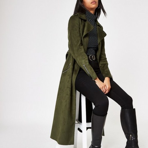 River Island Khaki faux suede belted trench coat – green coats - flipped