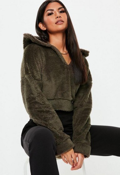 MISSGUIDED khaki teddy cropped hoodie – snugly sporty look - flipped