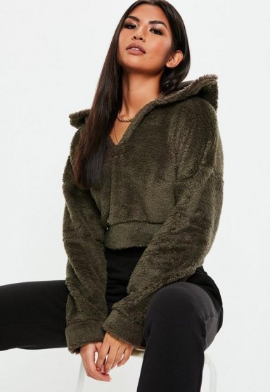 MISSGUIDED khaki teddy cropped hoodie – snugly sporty look