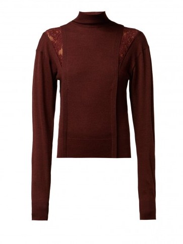 CHLOÉ Lace-insert high-neck burgundy wool-blend sweater - flipped