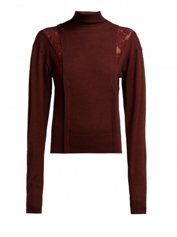 CHLOÉ Lace-insert high-neck burgundy wool-blend sweater