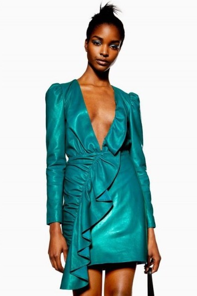 Topshop Leather Frill Mini Dress in Green | plunge front party dresses - flipped