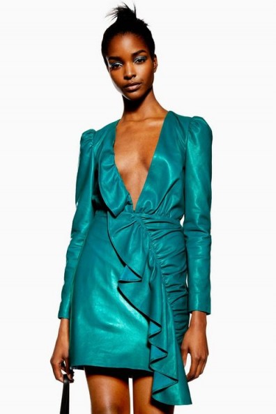 Topshop Leather Frill Mini Dress in Green | plunge front party dresses