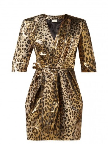 SARA BATTAGLIA Leopard-print gold lamé wrap mini dress ~ 80s vintage glamour - flipped