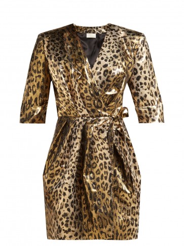 SARA BATTAGLIA Leopard-print gold lamé wrap mini dress ~ 80s vintage glamour