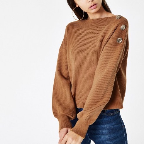RIVER ISLAND Light brown boat neck button detail jumper – ribbed knit sweater - flipped